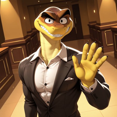 uncensored, masterpiece, best quality, highly detailed, realistic, 1boy, solo, MRSK, furry, anthro, scalie, snake, black eyebrows, black eyes, brown body, brown scales, yellow body, yellow scales, two tone body, two tone scales, black suit, white dress shirt, upper body, standing, smile, closed mouth, looking at viewer, indoors, hotel lobby, spotlight, detailed background, sharp teeth, high-angle view, dutch angle, waving, 5 fingers, muscular male, tall male, mature male
