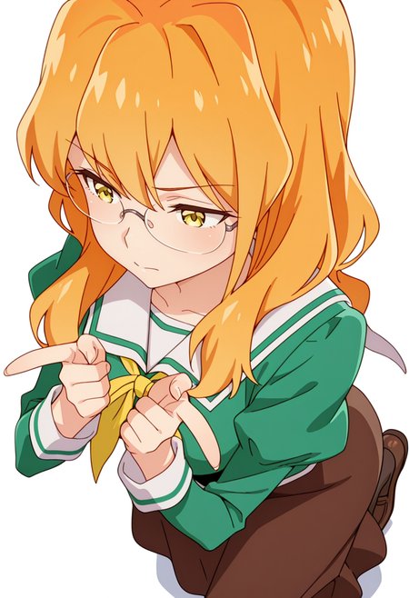 masterpiece,high quality details,absurdres, 
 <lora:Chibana_Sumika:0.8>
sumika_cnr, 1girl, orange hair, long hair,blonde hair, yellow eyes,
sumika_s1,green shirt, white sailor collar, serafuku,long skirt, brown skirt, juliet sleeves,pantyhose, loafers, glasses,, simple background, white background, from above,solo,, =v=,