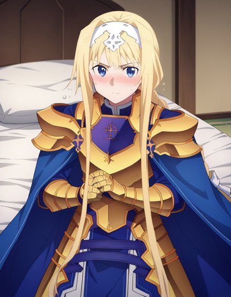 score_9, score_8_up, score_7_up, source_anime,
alicezuberg, <lora:alice-zuberg-s3-ponyxl-lora-nochekaiser:1>,
alice zuberg, bangs, blue eyes, blonde hair, hair between eyes, very long hair, braid, hairband, white hairband,
dress, cape, armor, blue dress, shoulder armor, gauntlets, pauldrons, breastplate, armored dress, faulds, blue cape, knight, gold armor, body armor,
indoors, bed, bed room, on side, blush, drunk,
solo, looking at viewer, cowboy shot, dutch angle,