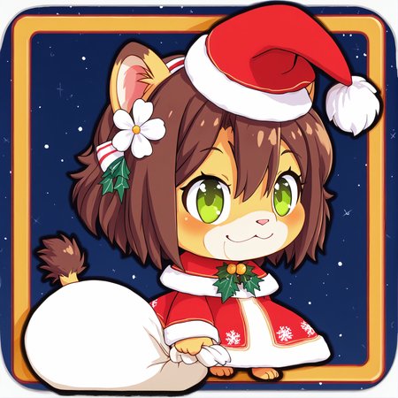 padoru <lora:padoru-IL-1.0:1>, masterpiece, perfect quality, best quality, anime coloring, 1girl, solo, padorumeme, padoru, simple dark blue background, Keiko, 1girl, solo, brown hair, furry female, green eyes, smile, animal ears, tail, animal nose, hairband, hair ornament, hair flower, body fur, short hair, bangs, lion ears,  <lora:Keiko_v03_PDXL:1>, christmas hat, score_9, score_8_up, score_7_up, score_6_up, score_5_up, score_4_up,