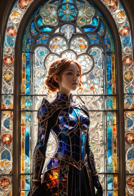 (Stained glass artwork, detailed, grand cathedral window, light filtering through, vibrant colors, intricate patterns, anime style, Yor Forger (Spy x Family), Thorn Princess persona, elegant pose)