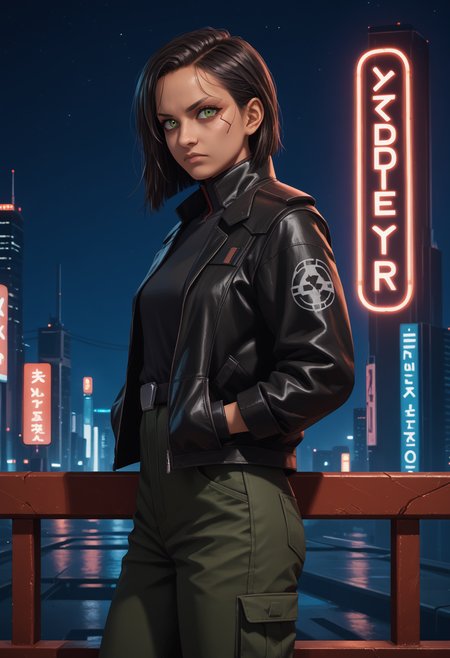 score_9, score_8_up,score_7_up, source_anime, 1girl, solo, <lora:trllsdr_pdxl_EliPot:1> swtrsu, medium hair, black hair, green eyes,
 leather jacket, dark brown jacket, closed jacket, high collar, black shirt, belt buckle, cargo pants, dark green pants, looking at viewer, serious, hands in pockets, against railing, outdoors, cyberpunk city, neon lights, neon sign, skyscraper, science fiction, sci-fi, futuristic, dark, night sky, starry sky, side view,