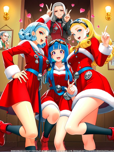 masterpiece, best quality, absurdres, amazing quality <lora:cfg_scale_boost:0.3> <lora:StS-Illustrious-Detail-Slider-v1.0:3> <lora:StS_Age_Slider_Illustrious_v1:3>,detailed_background,indoors,makeup,copyright logo,arm up,open mouth,hand on own hip,curly hair,silver hairband,short hair,v,fur-trimmed dress,official wallpaper,blunt ends,red dress,anlucea,official alternate costume,dress,purple eyes,blue hair,goggles on head,long hair,fur trim,hair pulled back,eyeshadow,index finger raised,character request,dragon quest x,red eyeshadow,medal,official art,blunt bangs,artist request,3girls,seraphy \(dq10\),highres,blonde hair,bob cut,multiple girls,heart,black socks,kneehighs,socks,blue eyes,leg up,mole under mouth,third-party source,dragon quest,mole,goggles,smile,red footwear