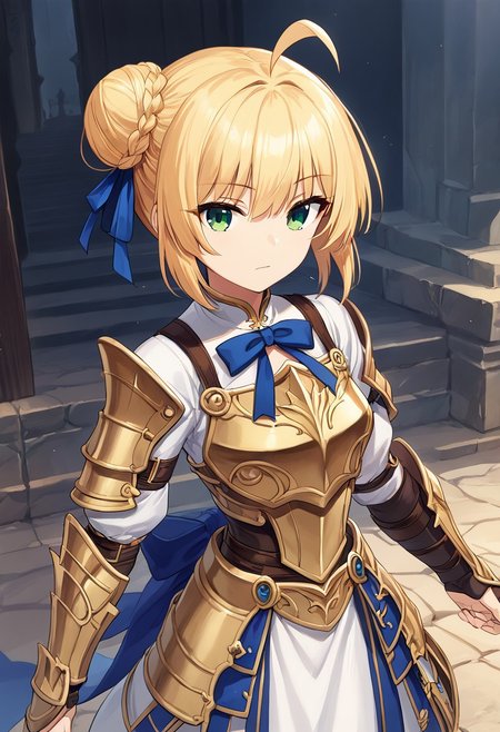 boa, highres, official_art,
blonde hair, ahoge, green eyes, ribbon, hair ribbon, braid, blue ribbon, short hair, braid, hair ribbon, dress, blue ribbon, short hair, long sleeves, shirt, hair bun, armor, chest armor,