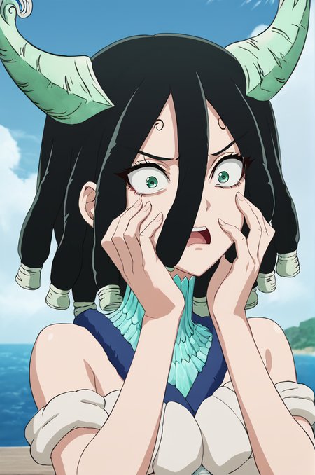 score_9, score_8_up, score_7_up, illustration, source_manga, rating_safe, r3tr0XLP ,<lora:r3tr0XLP:0.7> 1girl, solo, slimes_kirisame, hair between eyes, black hair, dreadlocks, teal smooth horns, green eyes , shocked expression, hands on face, upper body,  <lora:SlimesKirisame:1.0>, break, in a tropical village