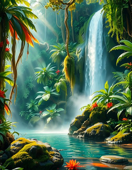 A stunning and tranquil view of a jungle waterfall cascading down smooth, moss-covered rocks into a crystal-clear pool below. The scene is surrounded by dense, lush greenery, with towering tropical trees and vibrant, oversized ferns creating a natural canopy that filters sunlight into dappled patterns on the forest floor. Brightly colored flowers in shades of red, orange, and purple add splashes of color among the greenery, while vines and roots wind their way around the rocks and trees. Mist rises from the base of the waterfall, catching the sunlight and creating a soft, ethereal glow, with a faint rainbow visible in the spray. Exotic birds with iridescent feathers can be seen perched on branches, and the faint sound of distant animal calls adds to the sense of a thriving, untouched paradise. The overall atmosphere is serene, magical, and vibrant, capturing the untamed beauty of nature.<lora:SDXLFaeTastic2400:0.4> <lora:extremely_detailed:0.4> extremely detailed, <lora:Jungle_w4t3rf4ll:1>,Jungle w4t3rf4ll, Masterpiece,best quality,hi res,8k,hi res,8k,award winning,(sharp focus, intricate, highly detailed),