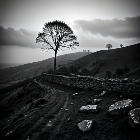 Moody monochrome photo.

A bare sapling on a winter hill beside a low stone wall.

<lora:MoodyMono01_CE_XL_200-OT:0.4> mdymnoCE_style