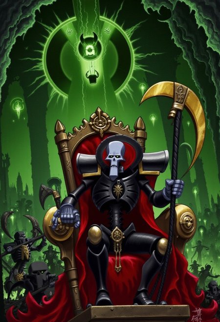 A Warhammer 40k Necron sits on a throne but his head is that of Grim from the Grim Adventures of Billy and Mandy, his look is one of self-confidence mixed with arrogance, in the background you can see containers with the souls of his enemies, locked away for eternity, the style is cartoonish with a greenish hue, the throne room is in the underworld, Grim