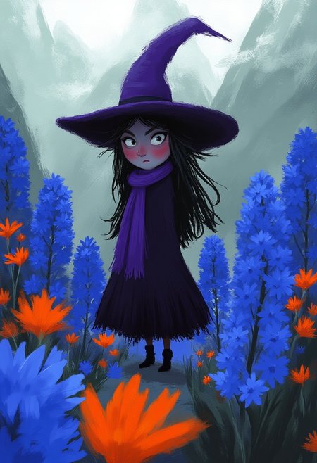 A whimsical illustration of a tall witch in dark whimsical art style, wearing pointy purple hat and flowing dress, standing among blue delphiniums and orange lilies, digital painting with expressive brushstrokes, foggy mountain background, characteristic Tim Burton inspired design with mysterious eyes