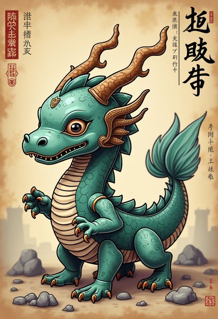 3DMM, in the style of studio Ghibli, chibi, archaeological illustration, vintage style, faded parchment, ancient Chinese  [ robot | Dragon | Fish ] made out of CD's, detailed linework, intricate Chinese characters , detailed Asian background, hidden temple ruins, weathered abalone shell, detailed ceramic textures, muted color palette,