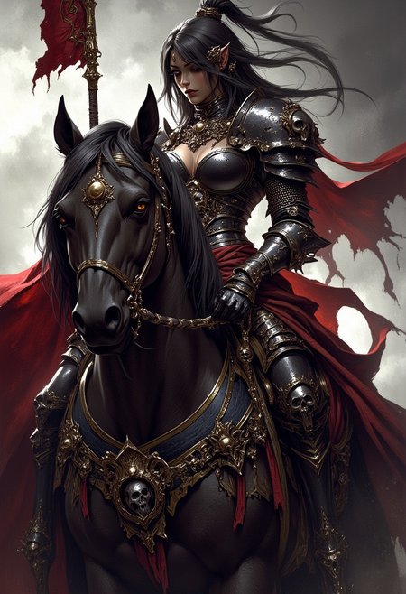 ArsMJStyle, dnddarkestfantasy, mythp0rt, masterpiece, female oriental knight, flowing loose hair, red plated armour, holding a spear with a heraldic pennant riding a large warhorse, silhouetted, directional light
