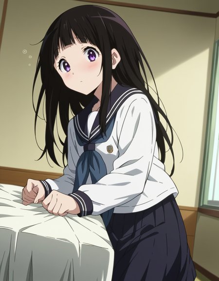 score_9, score_8_up, score_7_up, source_anime,
eruchitanda, <lora:eru-chitanda-s1-ponyxl-lora-nochekaiser:1>,
eru chitanda, long hair, black hair, bangs, blunt bangs, purple eyes, sidelocks,
skirt, school uniform, serafuku, kamiyama high school uniform \(hyouka\), black skirt, long sleeves, black sailor collar,
indoors, bed, bed room, on side, blush, drunk,
looking at viewer, cowboy shot, dutch angle,