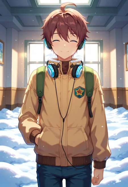 masterpiece, best quality, , , looking at viewer, , 1boy, solo, male focus, <lora:seto_aihara_ilxl:0.88>, seto_aihara, brown hair, blue eyes, short hair, ahoge, headphones, , straight-on, snowy field, indoors, light, arm at side, (closed eyes:1.2), smile,