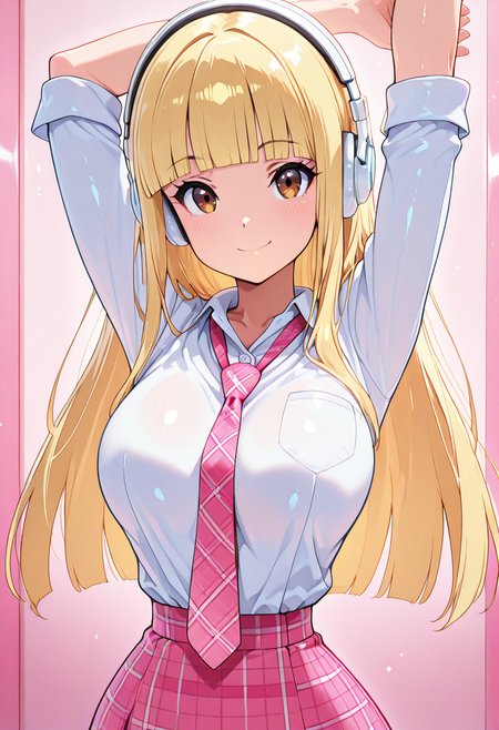 masterpiece, best quality, solo, curvy, beautiful eyes, narrow waist, wide hips, 1girl, solo, smile, looking at viewer, foreshortening, close up,  anime screenshot,    zzPearlCitron, brown eyes, blonde hair, long hair, straight hair, blunt bangs,   white headphones, pink necktie, collard shirt, white shirt, plaid skirt, pink skirt, shirt tucked in,   ,<lora:PearlRakuCitronOC_IXL:1.0>,  arms up, stretching, upper body, smile, looking at viewer,