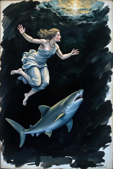 raphael1 painting.
An elegant and dynamic depiction of a figuren swimming underwater in the sea, The figure is swimming towards the surface. There is a large shark near her. Abstract, sweeping black ink strokes form a dramatic background, emphasizing movement and energy while blending traditional and modern artistic styles.  <lora:raphael1_cap_d6a3:1.0><lora:843643972216779303:0>