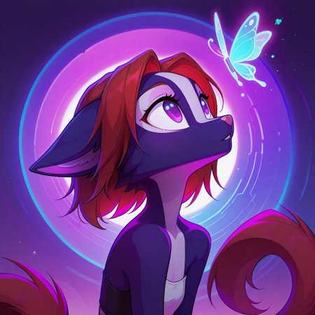 Dreamkeepers,Indi_and_Digo,1girl,solo,furry,tail,source_furry,,red hair,purple fur, purple eyes,
masterpiece, child, kid, 
stylized, in soft warm hues, ethereal neon glow,, looking up at a floating  butterfly, dreamy and surreal masterpiece, best quality, amazing quality, very aesthetic, absurdres, detailed eyes, newest,