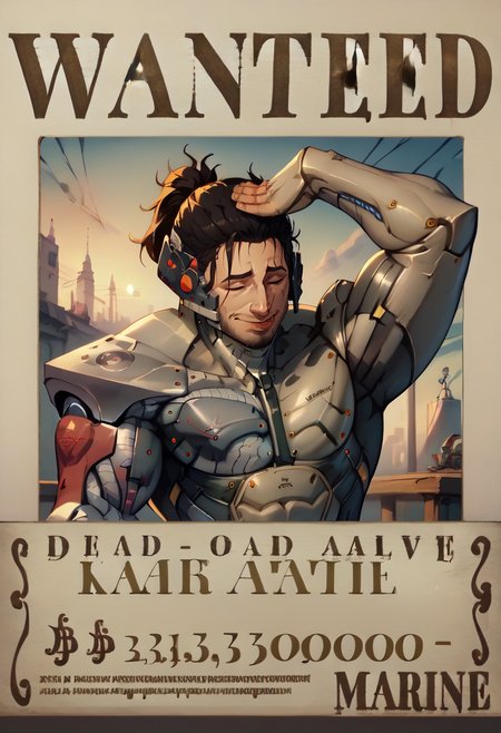 score_9, score_8_up, score_7_up, wanted, poster, character name, cover, <lora:WantedPoster_pdxl_Incrs_v1:1.1>, english text, <lora:JetstreamSam_XLPD:1> JetstreamSam, cyborg, bodysuit, headgear, beard, <lora:AhEtoBlehMeme_pdxl_Incrs_v1:1>, AhEtoBlehMeme, closed eyes, tongue out, :p, hands on own head, smile, 1boy,