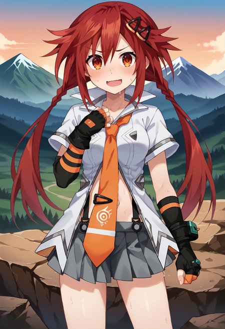 score_9, score_8, score_7_up, hd, (ultra hd quality details), outdoors, mountain, rocky,
solo, 1girl, medium breasts, tenuzu, red hair, twintails, twin braids, hairclip,
uzudef, white shirt, orange necktie, striped, asymmetrical gloves, fingerless gloves, gloves, pleated skirt, suspender skirt, grey skirt, navel,
looking at viewer, blush, smile, embarrassed, wavy mouth, open mouth, 
standing, sweat,
<lora:_tennouboshi_uzume-elesico-ponyr2-16dim:0.9>