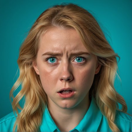 RAW photograph, Danish woman, 25 years old, golden blonde hair, aqua eyes,  medium close-up shot,  shot from the front, frightened expression, neutral uniform photostudio background, highly detailed, professional, soft volumetric lighting,  photographed on a Canon EOS R5, 50mm lens, F/2.8, HDR, 8k resolution, highres, high detail,