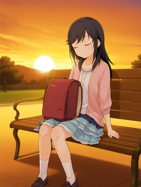 <lora:SDXL_kindred_spirits_on_the_roof__OkujÅ_no_Yurirei-san__å±ä¸ã®ç¾å:1> kd_vnstyle,
 <lora:NNB_Hotaru Ichijou A:0.6>  black hair, medium hair, straight hair, swept bangs, pink cardigan, open cardigan, white frilled shirt, blue layered skirt, white knee socks, brown loafers, red backpack, red randoseru,brown eyes,
1girl,solo,
sitting on park bench, evening, sunset,sleeping, 
masterpiece,best quality,amazing quality,