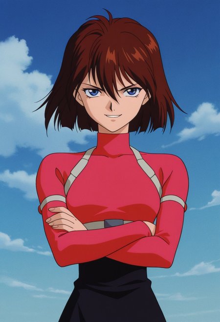 masterpiece, best quality, source_anime,official art,perfect_anatomy,1990s_\(style\),retro_artstyle,1girl, iiko isami,  blue eyes, brown hair,  short hair,  hair between eyes,  bangs,red bodysuit,turtleneck,looking_at_viewer,v-shaped eyebrows,evil grin,upper body,crossed arms, high-waist skirt,day,blue_sky,cloud