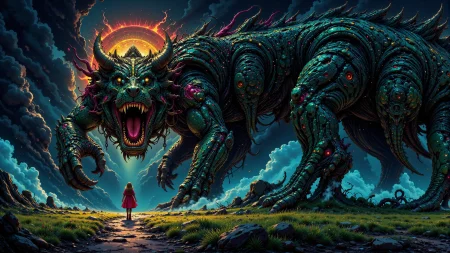 a girl escaping from a monster, golden hour, woman, very intricate, very detailed, sharp, bright, colorful, <lora:Hand v2:0.5> <lora:Anti-Blur:1><lora:Insane Detail Slider:0.25>  <lora:flux.1_lora_flyway_Epic-detail_v2:0.3> <lora:fluxenhancer:0.25><lora:ck-Neon-Retrowave:0.4> ck-rw, in the style of ck-rw,  <lora:Neurocore Anime Cyberpunk:0.8> A digital artwork in the style of cknc