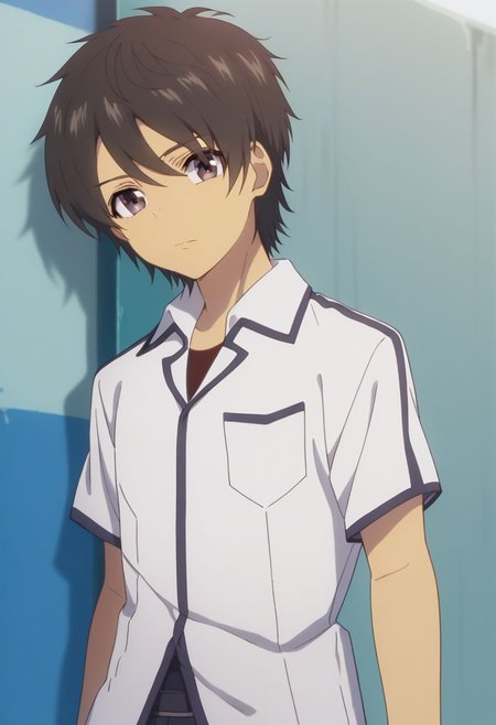 score_9, score_8_up, score_7_up, source_anime, highly detailed, 
tsumugu, solo, 1boy, male focus, dark brown hair, school uniform, pants, shirt, short sleeves, black eyes, white shirt, upper body,