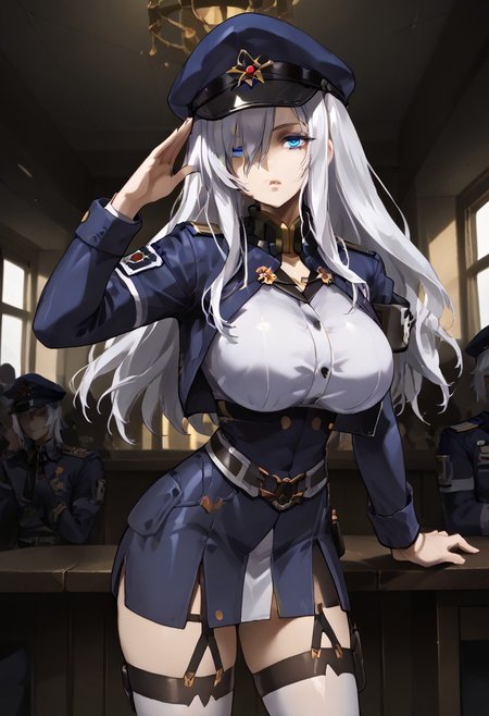 score_9, score_8_up, score_7_up, 1girl, sylwia krzasinska, source_anime, H0M4R35TY13, anime screencap, anime coloring, zPDXLxxx, Expressiveh, white hair, wavy hair, long hair, blue eyes, hair over one eye, one eye covered, perfect lips, vibrant eye color, expressive eyes, ultra-feminine, (perfect face: 1.5), ultra-detailed face, ultra-detailed skin, lustrous ultra-detailed hair, extreme hourglass shape, ultra-slim proportions, (feminine muscles: 1.1), long breasts, perfectly round breasts, huge breasts, ultra-narrow waist, ultra-flared hips:, perfectly round ass, ultra-jutting ass, shapely ass, perfect butt crack, thin tighs, ultra-fit figure, long legs, bursting breasts, ultra-jutting breasts, ultra-pointy breasts,  blue headwear, blue jacket, blue skirt, hat, jacket, military, military hat, military uniform, peaked cap, shirt, skirt, thighhighs, uniform, white shirt, white thighhighs, indoors, detailed background, military base, sci-fi base, steel grey walls, alert lights, staring at viewer, bending over, leaning forward, saluting, military salute, sexually suggestive