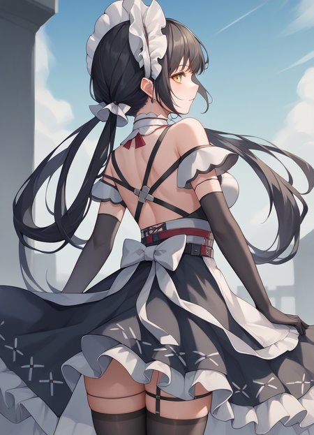 source_anime, score_9, score_8_up, score_7_up, score_6_up, score_5_up, score_4_up, 
1girl, solo, long hair, looking back, black hair, thighhighs, gloves, dress, twintails, yellow eyes, black gloves, elbow gloves, black thighhighs, maid, maid headdress, low twintails, from behind
<lora:annabellaXL:1>