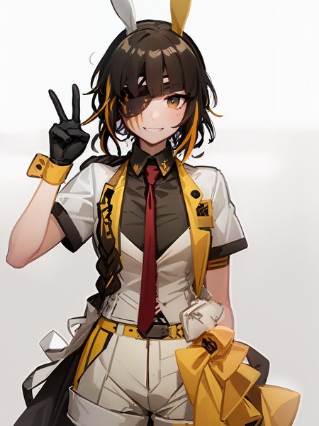 (extremely detailed CG unity 8k wallpaper),(masterpiece), (best quality), (ultra-detailed), (best illustration),(best shadow), (sharp eyeliner, eyeshadow, detailed eyes:1.1), cowboy shot
,BREAK
(M16GFLbunny:1.2), smile, peace sign
<lora:M16GFL:1>