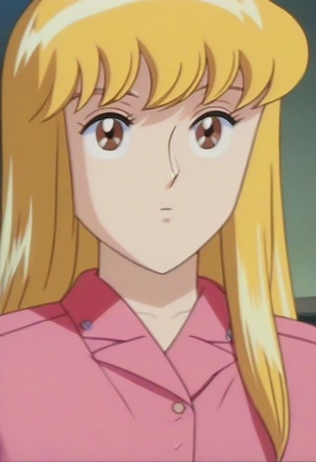 masterpiece, best quality, , anime screencap, anime coloring, official style,uncensored,1girl, solo, (kochikame, akimoto reiko, huge breasts, blonde hair, pink suit),