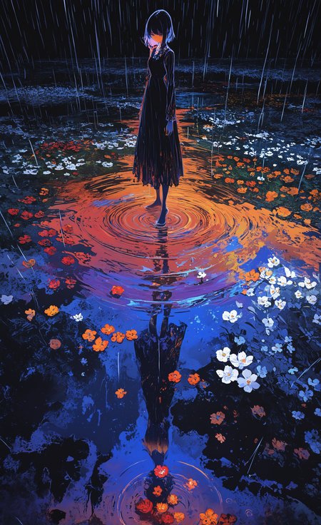 masterpiece, best quality, good quality, very awa, newest, highres, absurdres, 1girl, solo, dress, standing, flower, outdoors, water, white flower, red flower, scenery, reflection, rain, dark, ripples, orange flower, puddle, colorful, abstract, standing on liquidï¼
very Wide Shot, limited palette, <lora:illustriousXL_stabilizer_v1.23:0.3> <lora:NOOB_vp1_detailer_by_volnovik_v1:0.3> <lora:ponyv6_noobE11_2_adamW-000017:0.3> <lora:114558v4df2fsdf5:0.6> <lora:XXX667:0.4> <lora:mon_monmon2133:0.5>