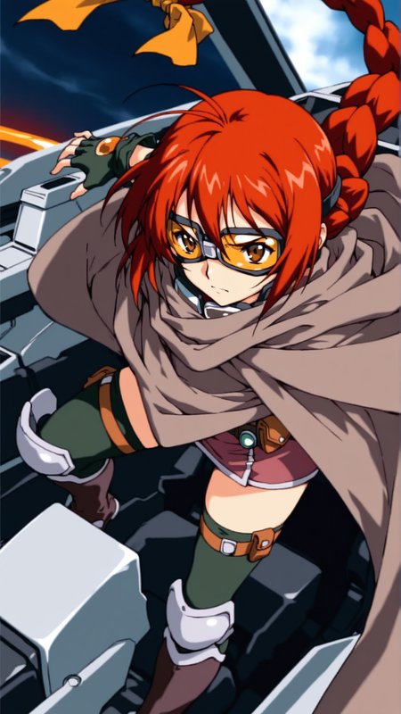 source_anime, general, best quality, masterpiece, 1girl,  <lora:honey_B_ill:1> honey_b\(gbattle\),braid, red hair,long hair,single braid,brown eyes,cloak,goggles, fingerless gloves,hair ribbon, thighhighs, knee boots,serious, (angry:0.7), dynamic pose, dutch angle, cockpit,
