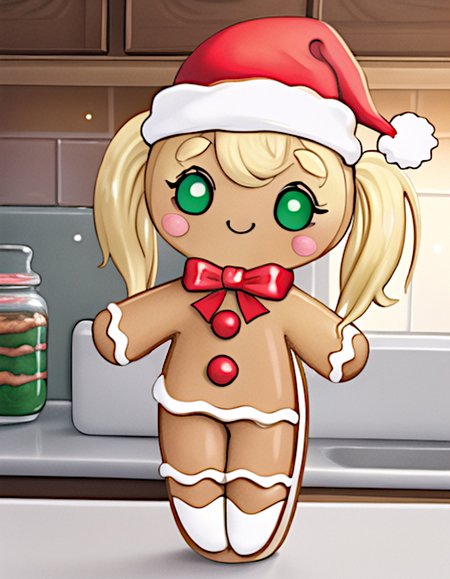 brown gingerbread_man laying on metal tray on kitchen counter, /Gingerbread woman/ kawaii, white icing, santa hat, blonde hair, twintails, cute, blush stickers, wide hips