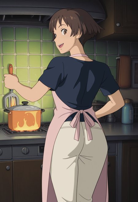 1girl,solo,mm,mature female,brown hair,short hair,brown eyes,anime coloring,
shirt,pants,apron,kitchen, from behind, looking back, open mouth, smile,looking at viewer, cooking, 
,masterpiece,best quality,amazing quality,<lora:Lisa-Gake_no_Ue_no_Ponyo:0.8>