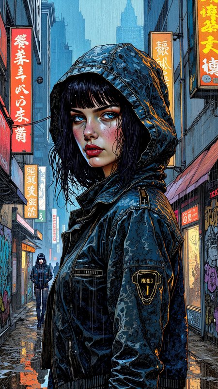 High-resolution semi-realistic illustration, blending the gritty, textured cyberpunk aesthetic of Enki Bilal, the soft painterly gradients and expressive character design of Ilya Kuvshinov, and the bold, chaotic ink splashes of Russ Mills. A young woman stands in a neon-lit alleyway, rain cascading down her sleek, asymmetrical black bob, strands clinging to her pale skin. Her piercing blue eyes glow beneath the shadow of her hood, her lips slightly parted in quiet defiance, the faint trace of a smirk visible. She wears a form-fitting futuristic jacket, high-tech interfaces glowing faintly along the seams, the fabric wet from the downpour, reflecting the neon haze. Behind her, flickering billboards cast distorted shadows against the rain-soaked pavement, graffiti bleeds into the concrete like ink, while distant figures blur into the urban chaos. The scene is charged with tension, raw energy bursting through expressive ink splashes, the cinematic lighting blending moody cyberpunk blues, fiery reds, and ghostly yellows, creating a striking, dreamlike atmosphere <lora:Illustration_Style_IV:0.8>