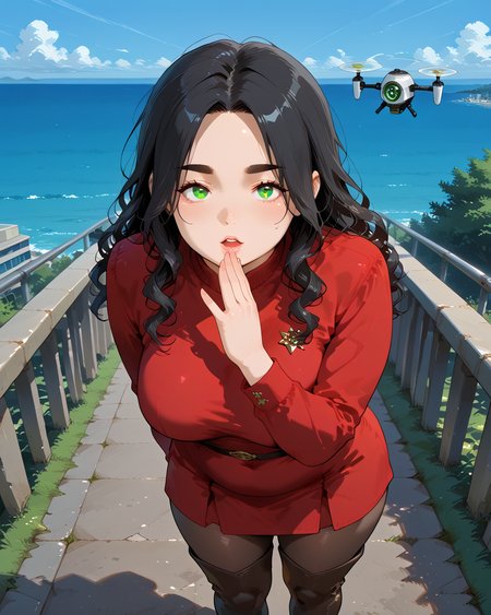 IllusP0s, PonyScores7, source_anime, ah1, IllustriousQual, interesting, exciting, spectacular, wonderful, 
BREAK <lora:xl_more_art-full_v1:0.2>, <lora:aesthetic_anime_v1s:0.2>, <lora:EpicF4nta5yXL:0.2>, <lora:detailxl:0.2>, detailxl, <lora:Fant5yP0ny:0.2>, amazing quality, best aesthetic, absurdres, illustration, Volumetric_Lighting, ultra-detailed, very aesthetic, intricate details, best_quality, <lora:Anime_Aesthetic_Wallpaper_StyleIllustriousXL:0.4>, aniwall,
BREAK ((ojou-sama pose)),
BREAK Stable_Yogis_PDXL_Positives, AS-Adult, <lora:Complicated fantasy portrait - XL Pony V2.0:0.2>, bad-hands-5, <lora:HDA_Detailer:0.3>, <lora:natsumi_style:0.5>, <lora:by_usakun-pony:0.4>, by usakun, <lora:Akina_Bbw_Style_-_PonyXL:0.2>, AkinBw, ((Drone Shot)),
BREAK 1girl, mature female, (curvy), round-chin, caucasian, <lora:ETO_OC_Illustrius:0.5>, eto_oc, skindentation, (plump), thick thighs, wide hips, busty, voluptuous, <lora:venus body PonyXL:0.3>, <lora:shinyskin2:0.2>, glistening skin, HDA_FatGirlXL, round ass, large breasts,
BREAK ((<lora:FemStFlUn:0.8>, sfured, pantyhose, short dress, red dress, brown pantyhose, knee boots)),
BREAK (curly hair), long hair, (black hair:1.4), (parted hair:1.7), messy hair, kinky curls, <lora:hairdetailpxl:0.2>, hairdetailpxl,
BREAK (half green and brown eyes), (colorful eyes), (multicolored eyes), (downturned eyes:1.4), <lora:expressive eyes:0.2>, expressive eyes, <lora:eyedetailpxl:0.2>, eyedetailpxl, <lora:Eyes_High_Definition:0.2>, EyesHD, (round face:1.2), (thick eyebrows:1.3), (plump face), <lora:Round_face:0.2>, lips, 
BREAK ((Overjoyed expression)), <lora:Expressive_H:0.2>, Expressiveh, <lora:Emotional_Anime_Expressions_PonyXL_Concept:0.2>, emotional, <lora:Best_Facial_Expression_LoRA_PONY:0.2>, looking at viewer, <lora:Detailed expressive EXEV style -XL Pony V1.0:0.2>, FaceDetail, <lora:Best_Facial_Expression_Helper_XTREME_ILLU:0.4>, kaogei,
BREAK (((a coastal highway, with stunning sea views, gentle curves, a cool breeze))), <lora:Background Detailer - SDXL:0.8>, 4k, 8k, Ultra HD, Masterpiece, Best quality, Detailed background, <lora:Add_more_details_V2_XLpony:0.4>, full_details, <lora:background-type1:0.4>,