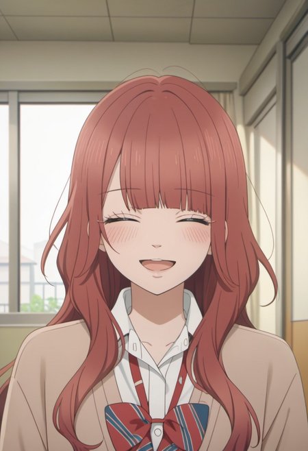 score_9, score_8_up, score_7_up, source_anime, kanno serina, red hair, long hair,  1girl, solo, closed eyes, smile, blush, open mouth, collared shirt, school uniform,  blunt bangs, indoors
