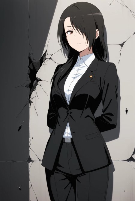 masterpiece, best quality, amazing quality,1girl, solo, BREAK 
,hond4niseko1,black hair,long hair, hair over one eye, brown eyes, formal suit, white shirt, BREAK
 ,cowboy shot,hands behind,