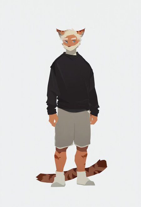 score_9_up, score_8_up, score_7_up, source_furry, dnd, milkytiger, tiger ears, tiger boy, white eyebrows, blue eyes, 1boy, solo, black sweater, gray shorts, full body, standing
