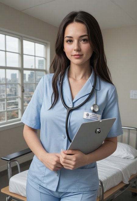 1girl, petite 21yo doctor, sexy, beautiful, beautiful long hair, black hair, detailed face, light brown eyes. very Large breasts, small waist, large hips, short thick legs. (youthful face:1.2).
Hospital, light blue tight scrub top, tight matching scrub pants, stethoscope & ID badge.
 realistic, detailed, fine detail, photorealistic, realistic, hyper-detailed