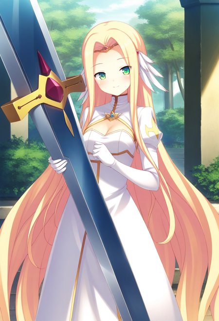 masterpiece,best quality,amazing quality,very aesthetic,absurdres,newest,scenery,<lora:Serpettane_ilxl_v1-000009:1>,1girl,long hair,solo,green eyes,blonde hair,very long hair,breasts,gloves,smile,dress,blush,cleavage,serpettane,looking at viewer,standing,outdoors,holding sword,greatsword,closed eyes,head tilt,smile,hugging object,