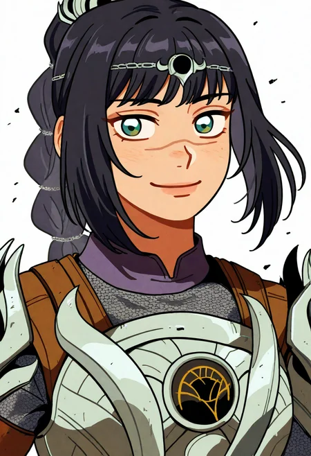 best quality, amazing quality, very aesthetic, absurdres,
BREAK
1girl, solo, shadowheart, black hair, braided ponytail, green eyes, scar on face, circlet, armor,
smile, looking at viewer, upper body, simple background, white background, <lora:ShadowHeartIllustrious_byKonan:0.8>,   <lora:Sihyun25Noob_byKonan:1>