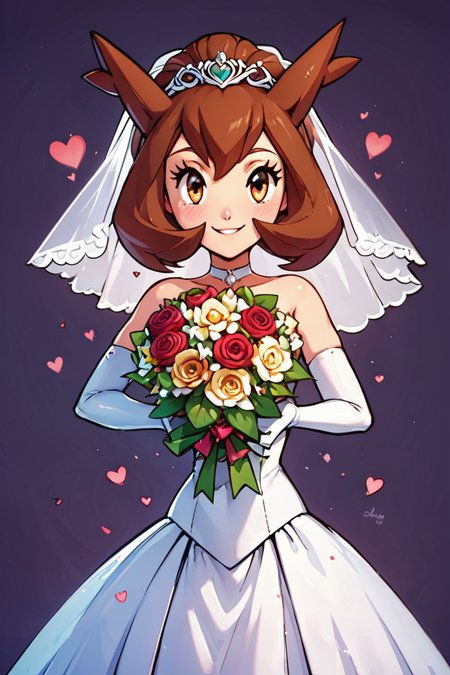 score_9, score_8_up, score_8, medium breasts, (curvy), cute, eyelashes,       BREAK, , zzBianca, brown hair, brown eyes, medium hair, hair between eyes,  <lora:Bianca_PokemonHeroes_PDXL_v2:0.7>,, BREAK, smile, looking at viewer,  bride, wedding dress, bridal veil, strapless dress, elbow gloves,  holding bouquet,  hearts, white outline, cowboy shot, embedding:zPDXL, Expressiveh, <lora:CatalystStylePDXL:0.6>,  <lora:SDXLFaeTastic2400:0.5>,  <lora:Expressive_H-000001:0.4>,