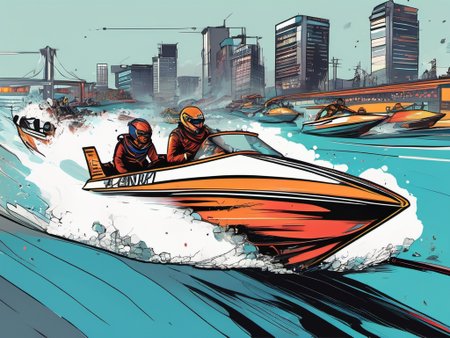 inkpunk style IPXColor illustration of  a speed boat race <lora:IPXL_v2:0.45>