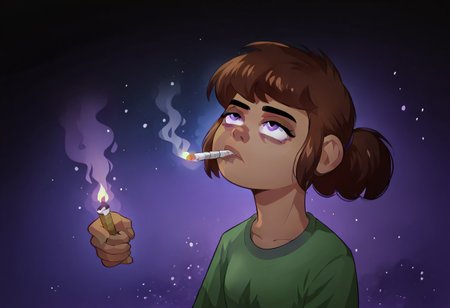 score_9, score_8_up, score_7_up, score_6_up, score_5_up, <lora:cigarette2XLP:1> 1girl, solo, cigarette, lighter, long hair, looking up, fire, smoking, black hair, upper body, holding a lighter, purple background,  dark purple background, simple background, light particles, bokeh, fog, black background, starry background, galaxy background, dark, contrast, score_9_up, masterpiece, 8k, dark green shirt, light brown complexion, along with purple eyes and eye bags, bangs short ponytail, focus