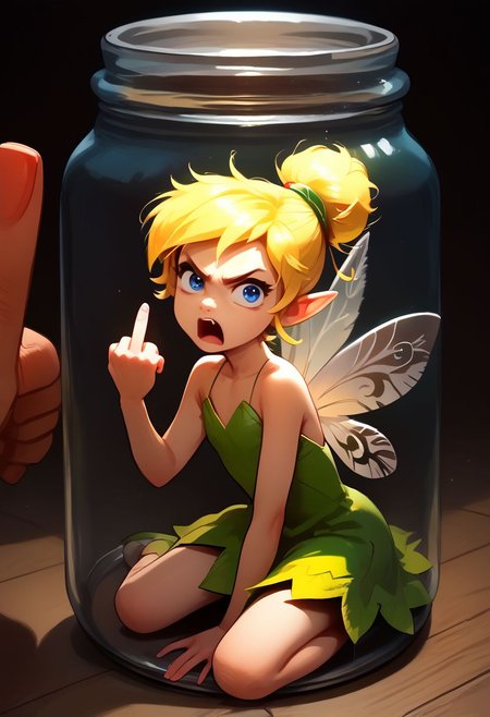 score_9, score_8_up, score_7_up, source_anime, (1girl, solo), looking at viewer, 
(kneeling, in a jar, table, angry, open mouth, close up,) (mini person), 
TinkerWaifu, fairy wings, blue eyes, green dress, sexy, hair bun, (middle_finger)