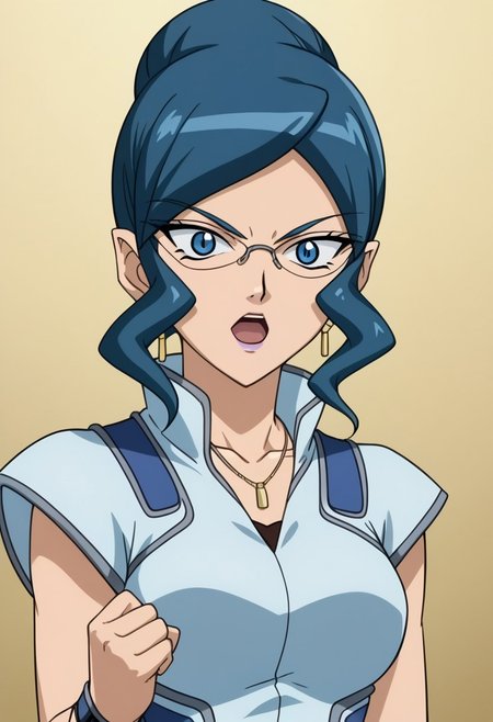 score 9, score 8 up, score 7 up, bakugan, bakugan gundalian invaders, lena isis, 1girl, solo, jewelry, glasses, open mouth, blue hair, earrings, blue eyes, necklace, parody, upper body, clenched hand, makeup, single hair bun, looking at viewer, Large breasts