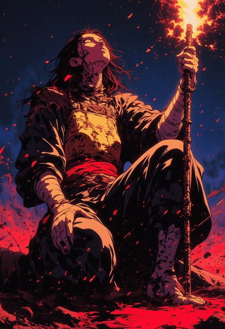fantasy stylised illustration, anime style, dark scene illuminated only by the torch in hand, cinematic composition, full body shot, close up, dynamic pose, perfect composition, red glowing particles flying,  covered in shadows shinobi in a dark clothes, feudal Japanese background, (kneeling in the dirt, mud, touching the ground with her hand) (holding torch in other hand), midnight, starry skies, baggy clothes moving on the wind, intricate shadows on the clothes, bright glowing gold pauldron striped through the whole body, huge glowing red waist, long cloth gloves, white bandages on hands, looking up, exhausted expression, stature is agile and very graceful, woman, incredible, style of Edwin Austin Abbey, ne0nfant4sy,
