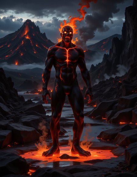 Lava_Aberration, a digital artwork depicting a towering, monstrous creature emerging from a lava-filled, rocky landscape. The creature is humanoid in shape, with a muscular, imposing physique, and its skin is a dark, charred black, resembling melted rock or lava. It stands on a bed of molten rock, which is glowing and emitting intense heat, causing steam to rise and creating a surreal atmosphere. The creature's face is a mask of twisted, glowing red and orange flames, giving it a fearsome, otherworldly appearance. The background features a dramatic, rugged terrain with jagged rocks and deep ravines, indicating a volcanic environment. The sky is dark and ominous, filled with thick clouds that seem to be illuminated from within, casting an eerie glow over the scene. In the distance, towering mountain peaks are partially visible, shrouded in mist and shadow, adding to the menacing and foreboding ambiance. The overall color palette is dominated by dark, earthy tones of black, gray, and deep red, with the fiery elements providing stark contrast. The image is a mix of fantasy and horror, combining elements of both realistic and exaggerated textures to create a visceral and intense visual experience.
